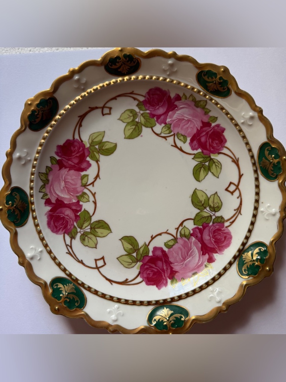 MZ Austria Moritz Zdekauer Plate Roses Gold Green Rim Porcelain 9.5”  Mold 242